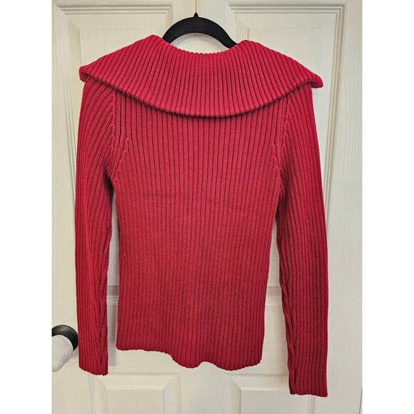 Ann Taylor LOFT Red Fold Over Collar Ribbed Zip Sweater Size M - Picture 4 of 4